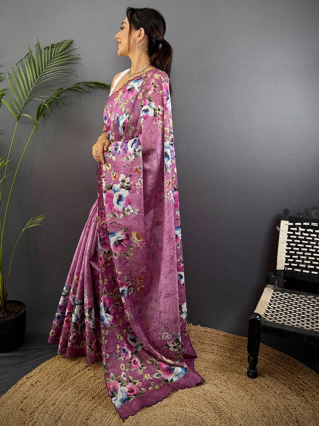 Dusty Rose Floral Cut Work Kota Saree