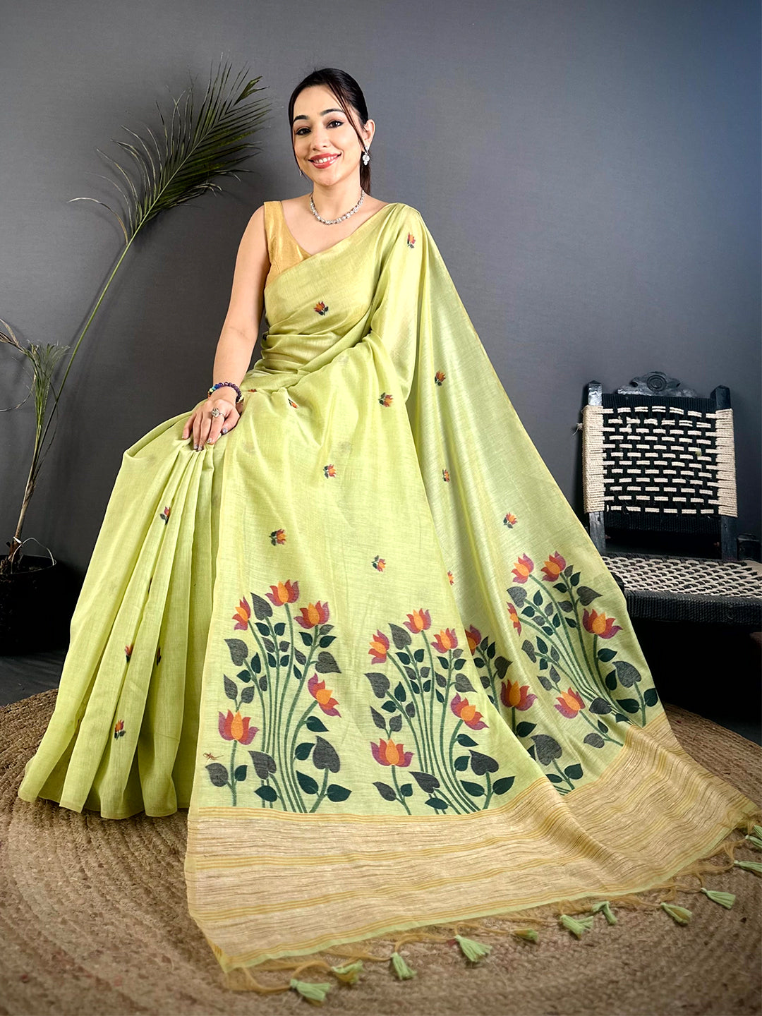Pista Ghicha Minakari Weave Saree
