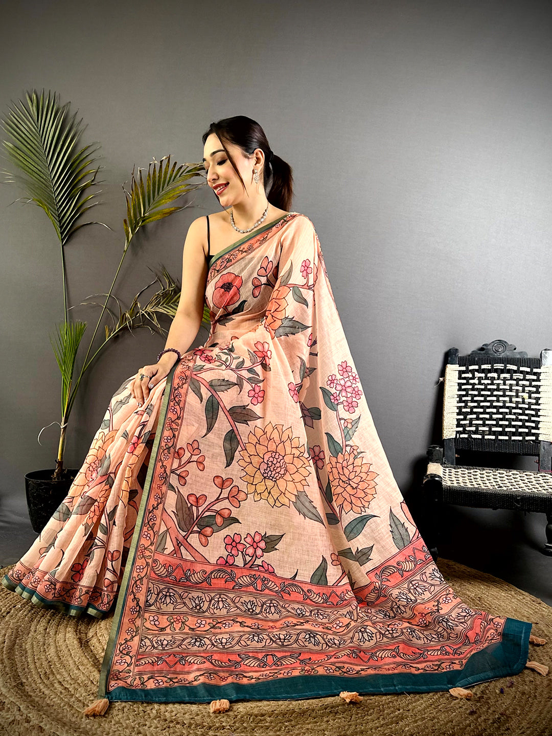 Peach Floral Soft Linen Summer Saree