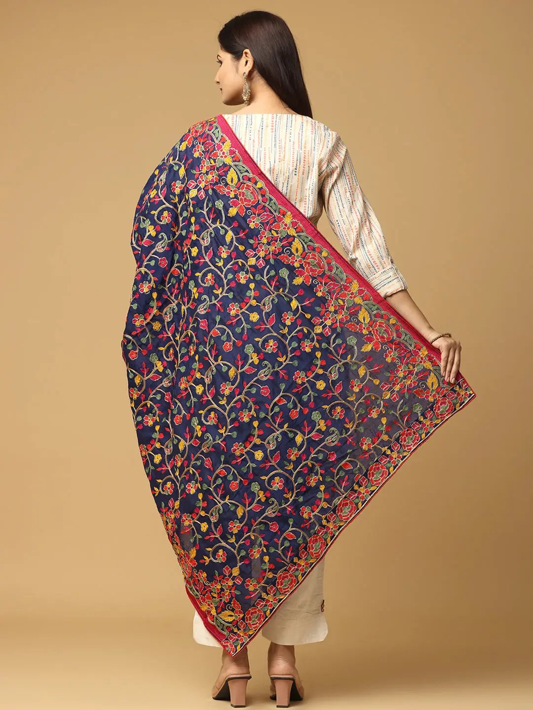 Navy chiffon dupatta with intricate embroidery, back view