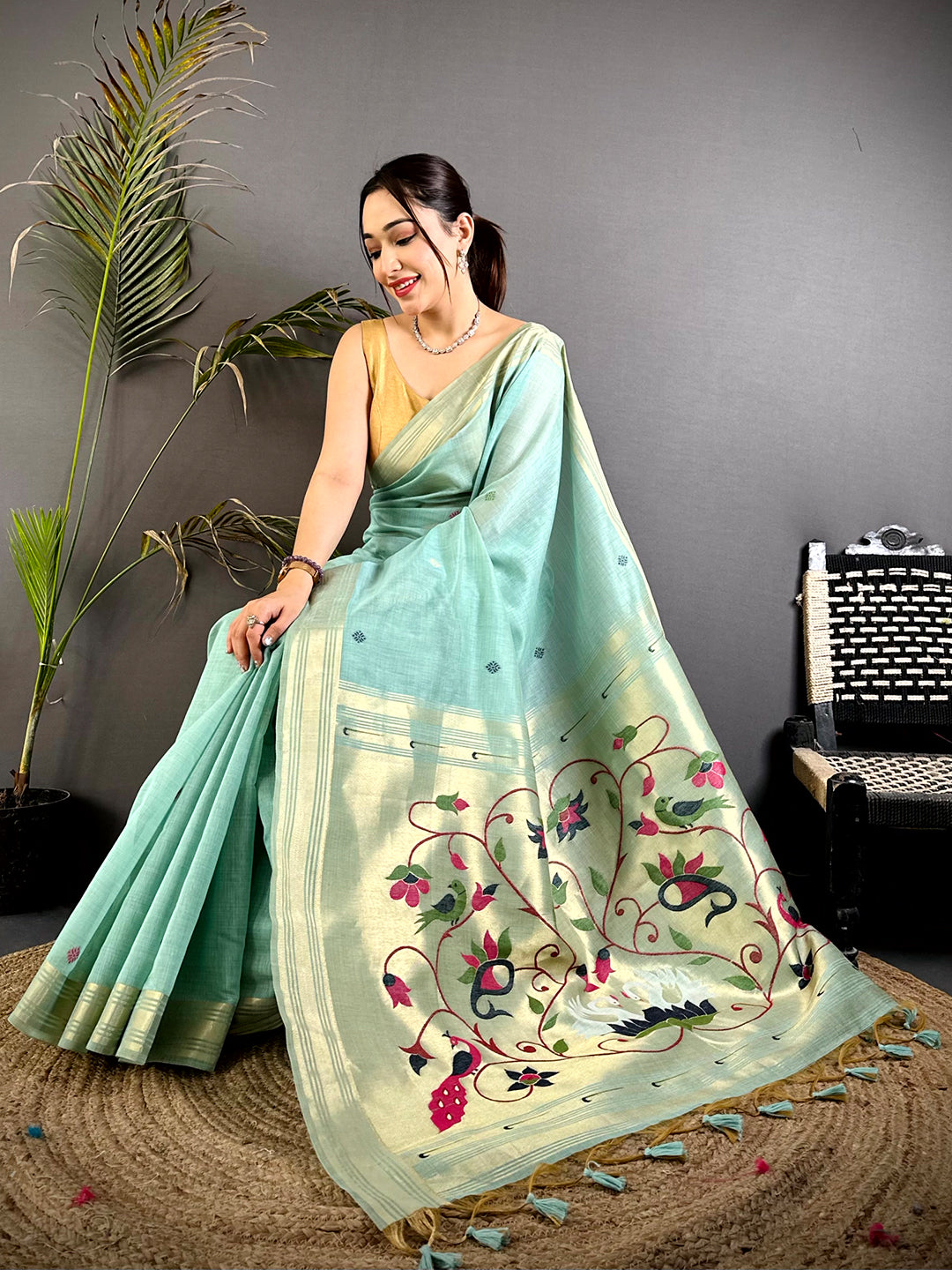 Sky Blue Swan Minakari Linen Saree