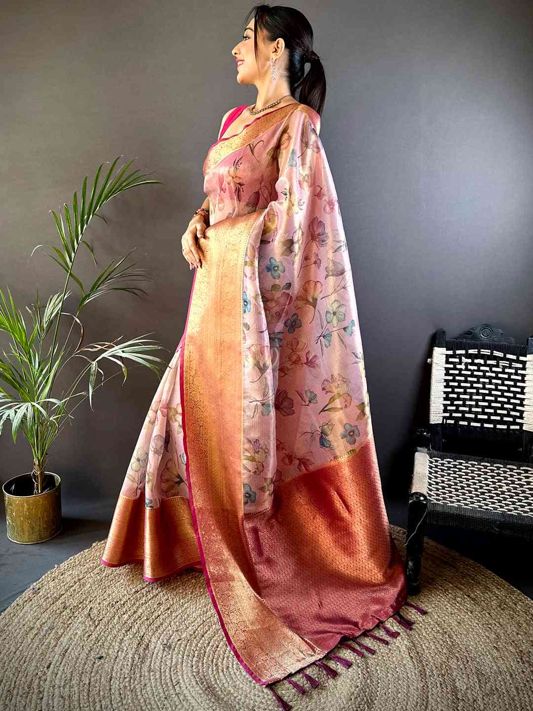 Baby Pink Floral Gold Zari Tissue Saree
