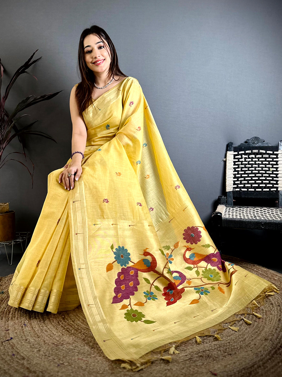 Yellow Munia Minakari Khadi Saree