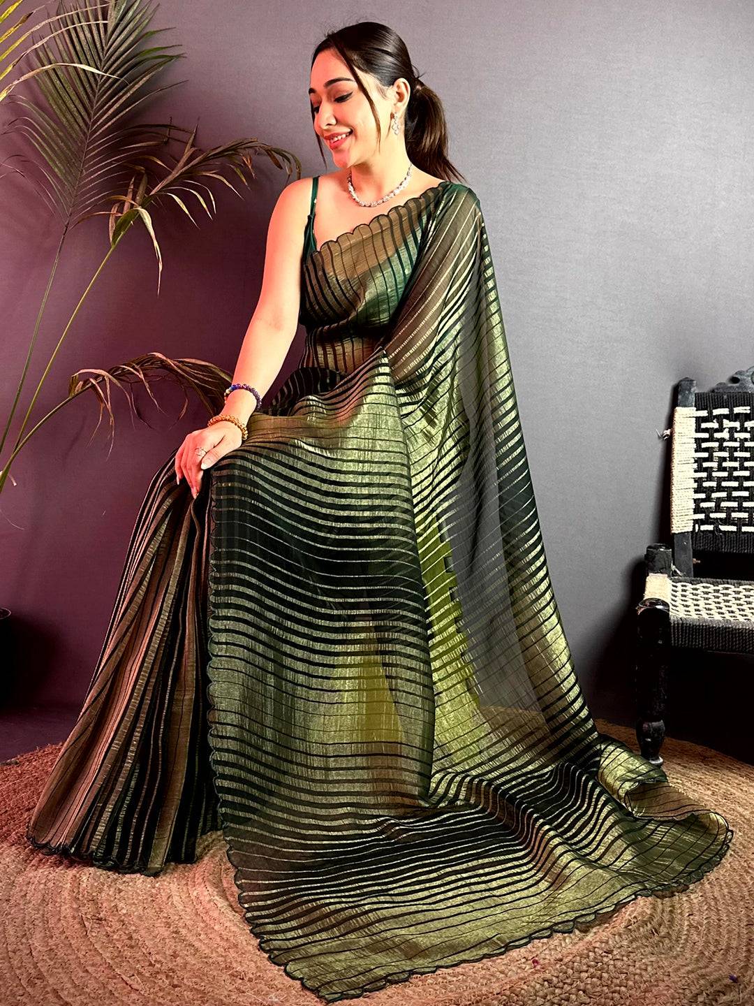 Classic Gold Zari Striped Chiffon Saree