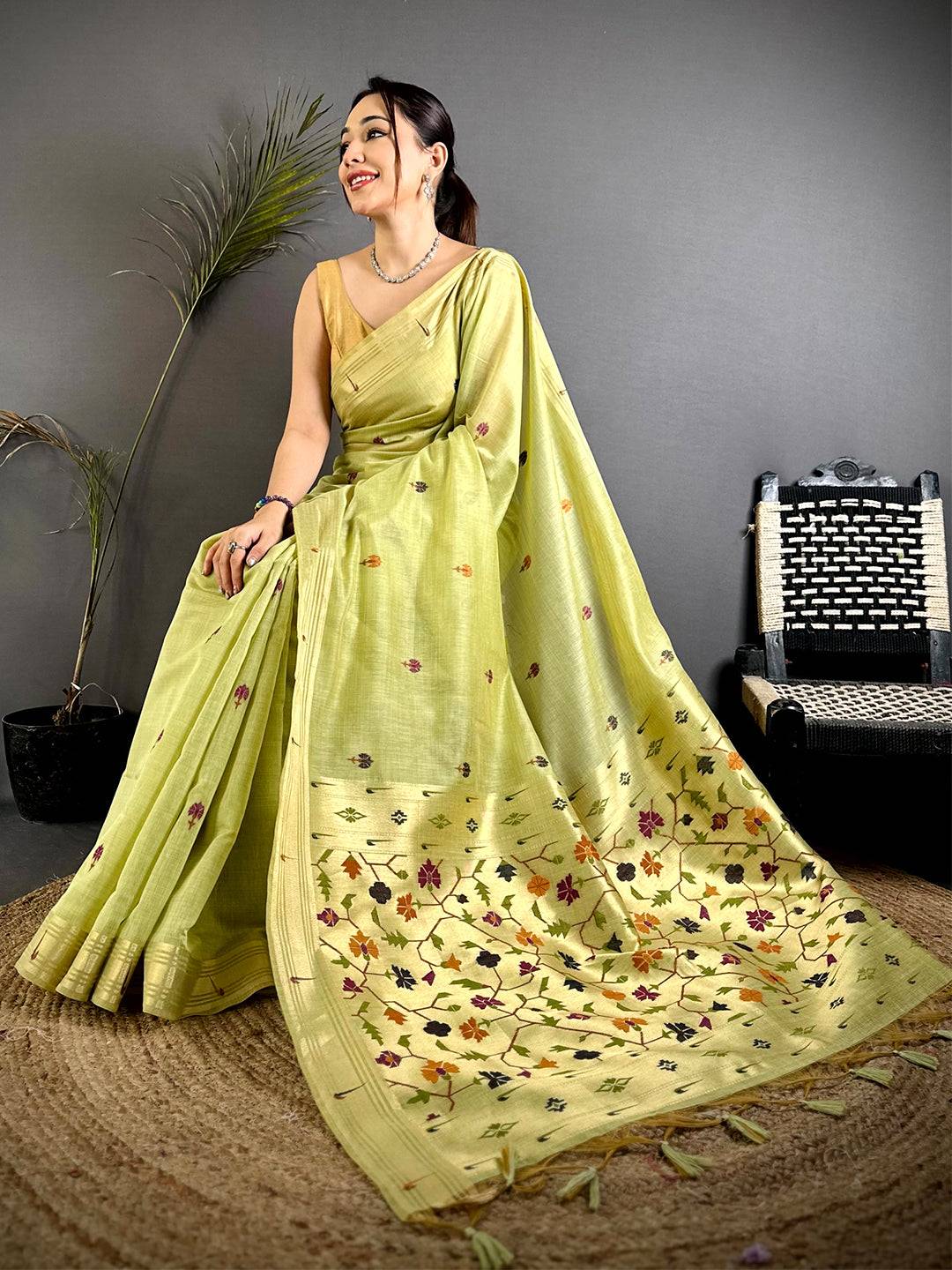 Lime Geometric Patola Khadi Linen Saree