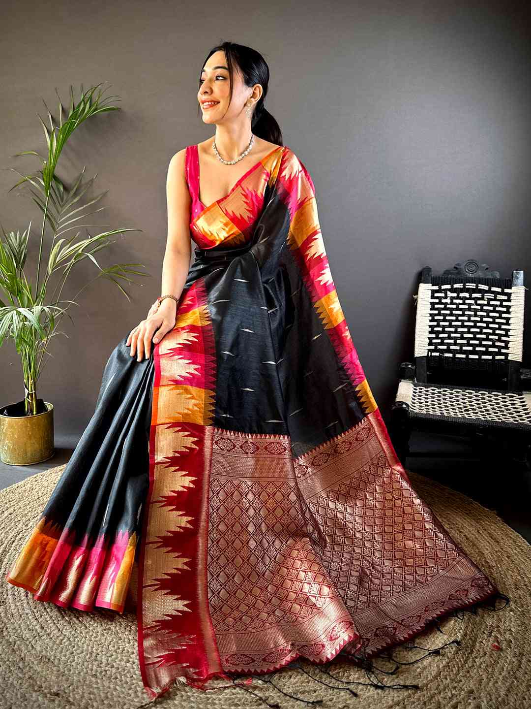 Black Banarasi Raw Silk Ikkat Saree