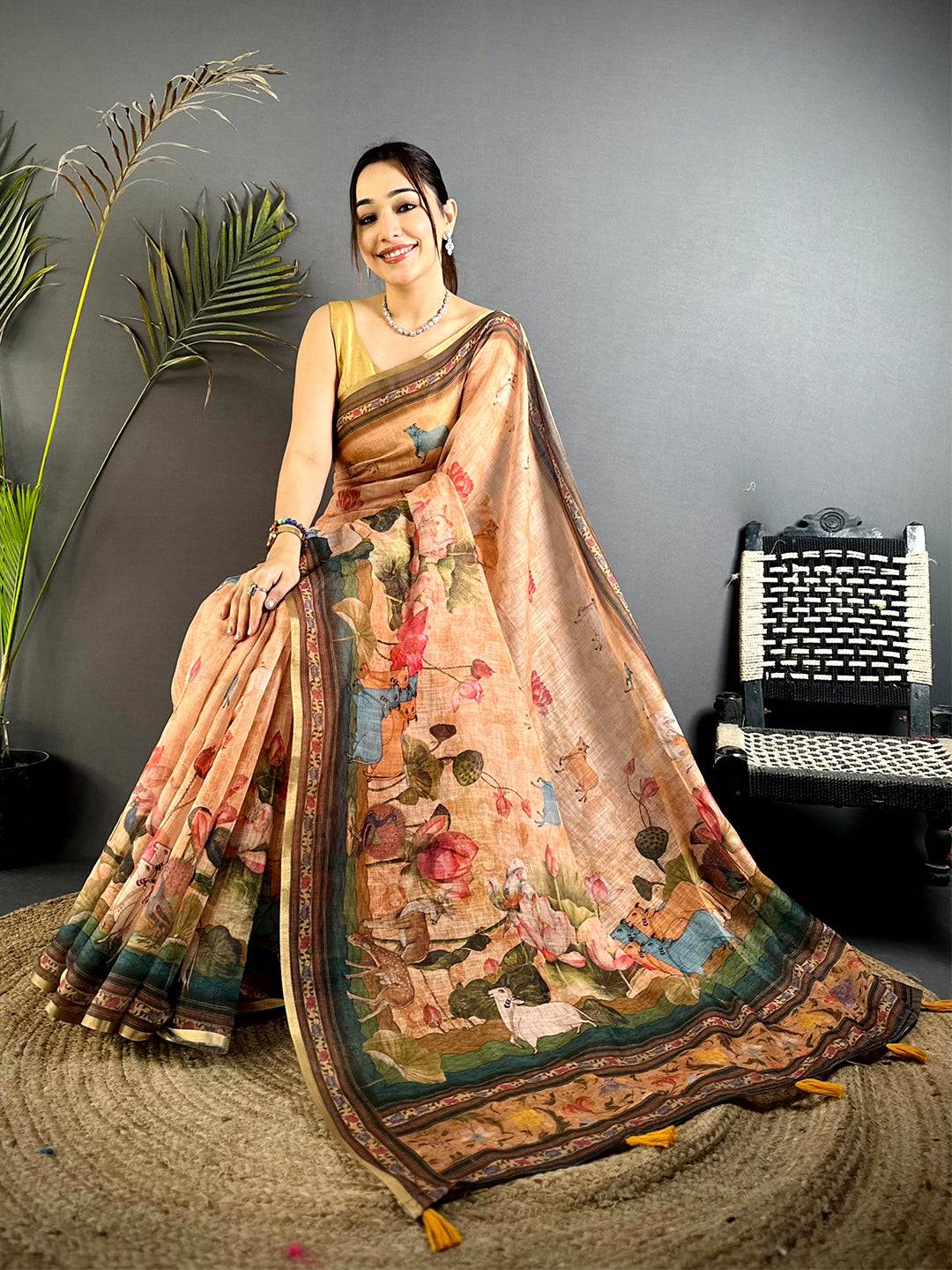 Warm Peach Pichwai Kalamkari Linen Saree