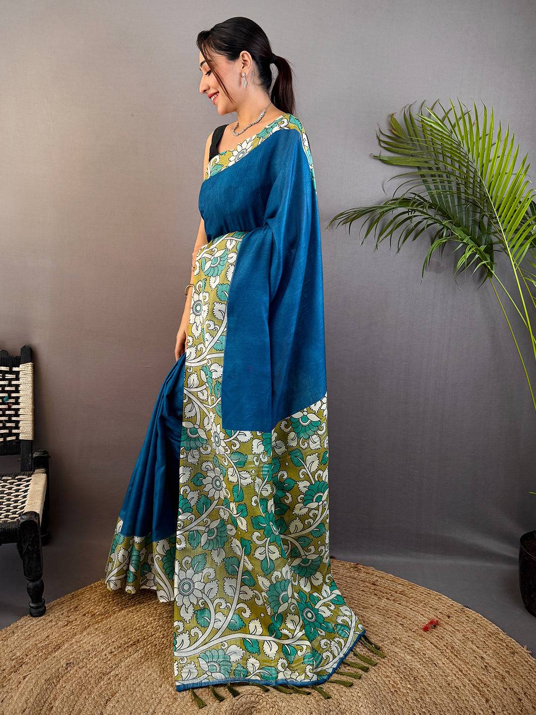 Teal Linen Kalamkari Print Saree