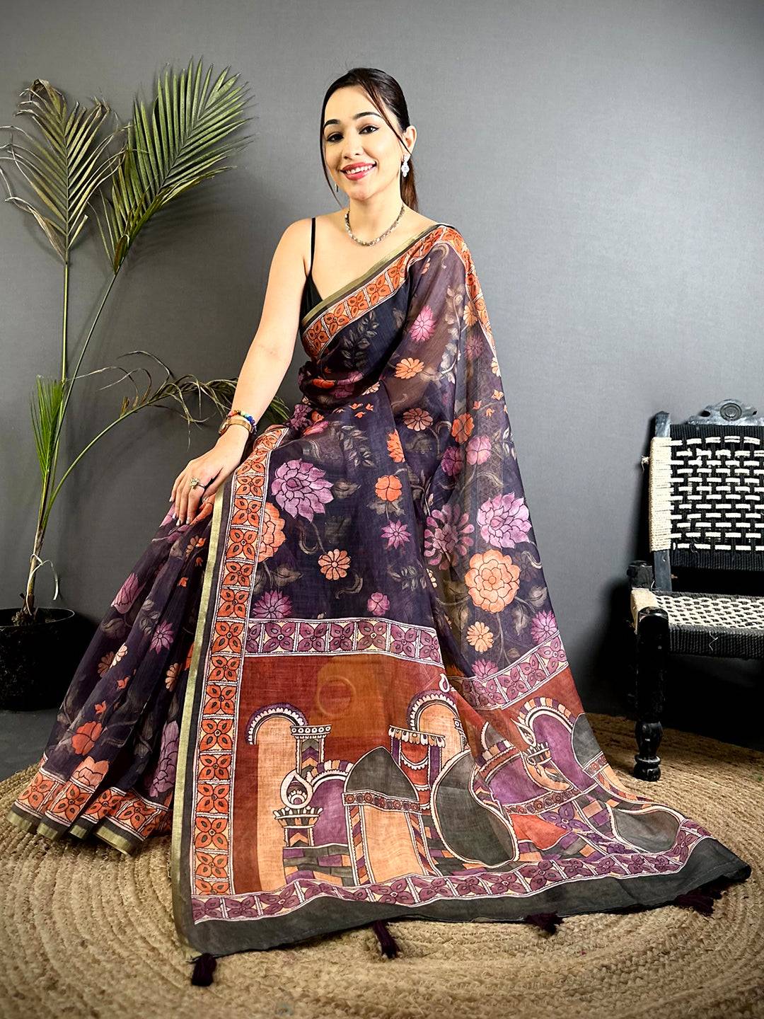 Royal Floral Kalamkari Soft Linen Saree