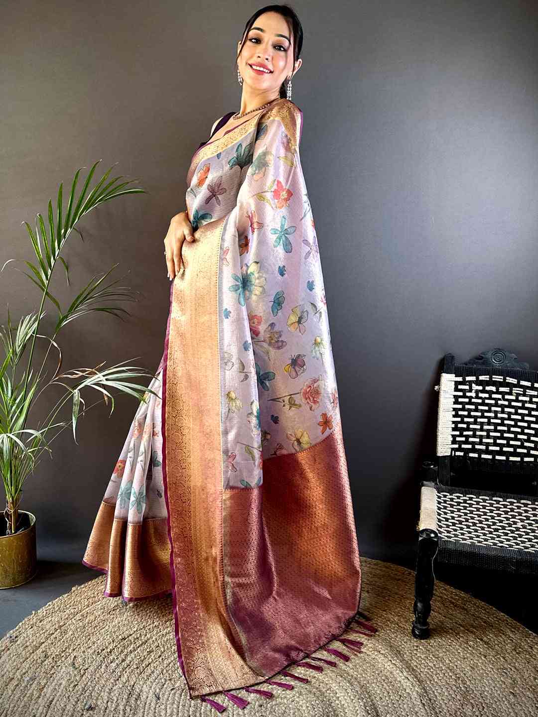 Lavender Floral Gold Zari Tissue Saree