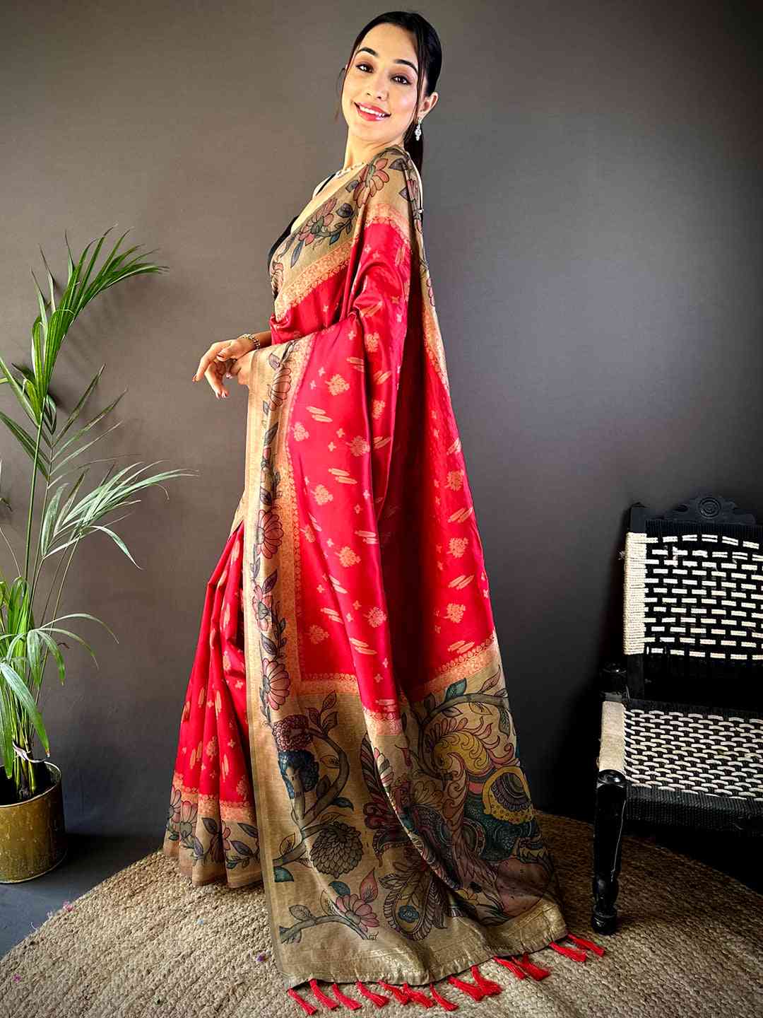 Red Soft Silk Kalamkari Printed Pallu Saree