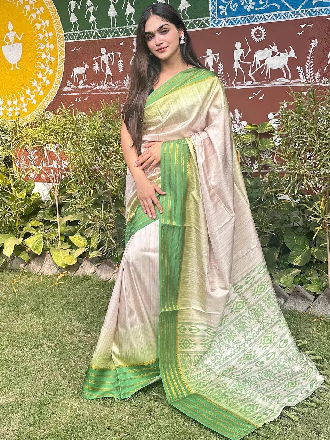 Beautiful Ghicha saree with intricate green Ikkat and paisley prints