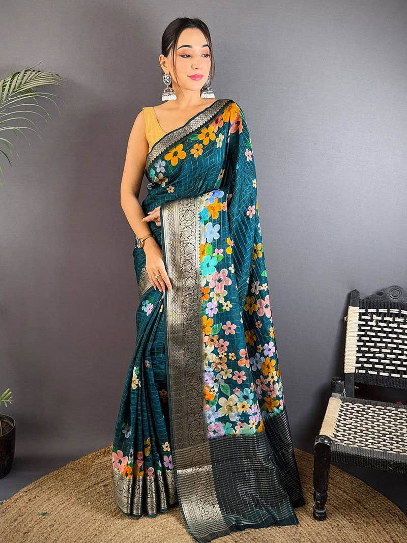 Teal Viscose Kanchi Pattu Border Saree