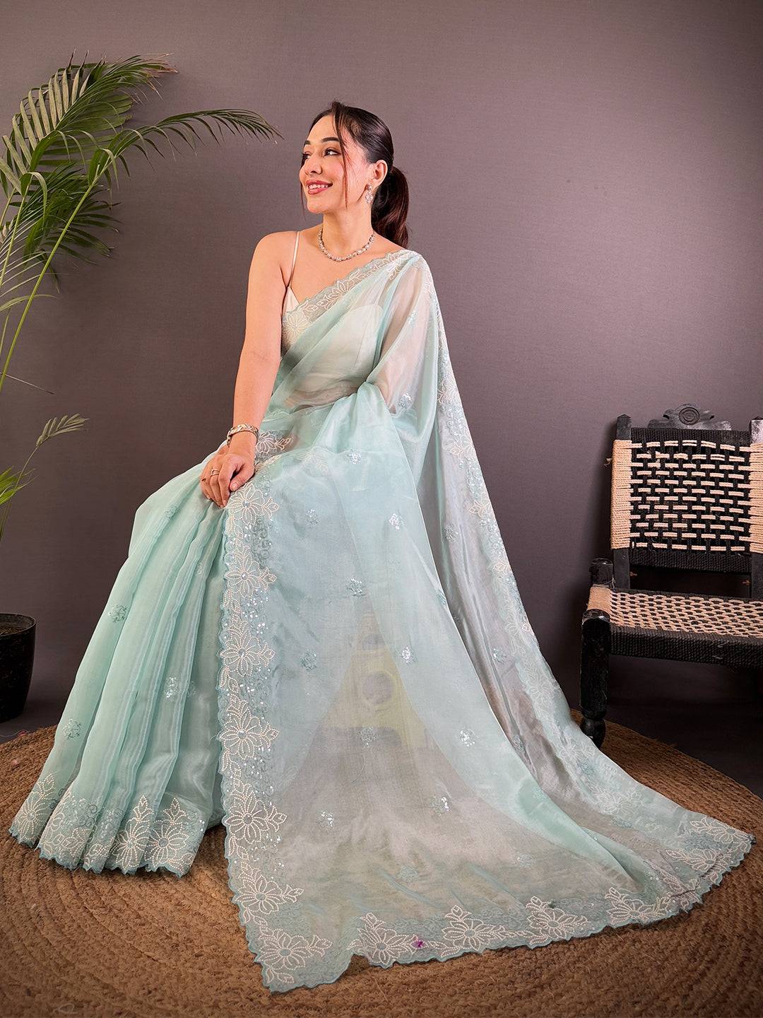Sky Blue Art Silk Sith Embroidery Work Saree