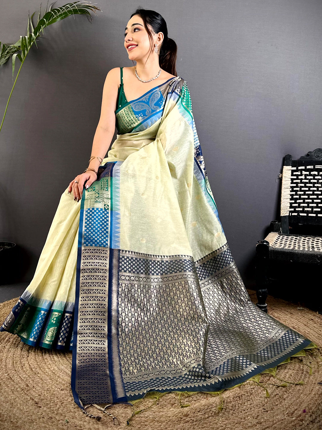 Pista Soft Mull Kanchi Pattu Saree