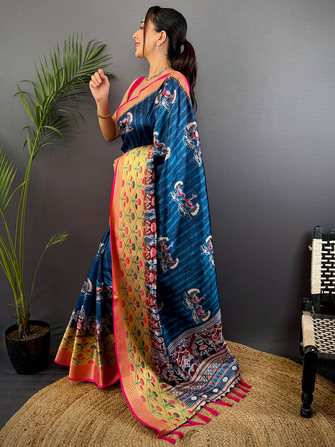 Dark Blue Freehand Digital Print Soft Silk Saree