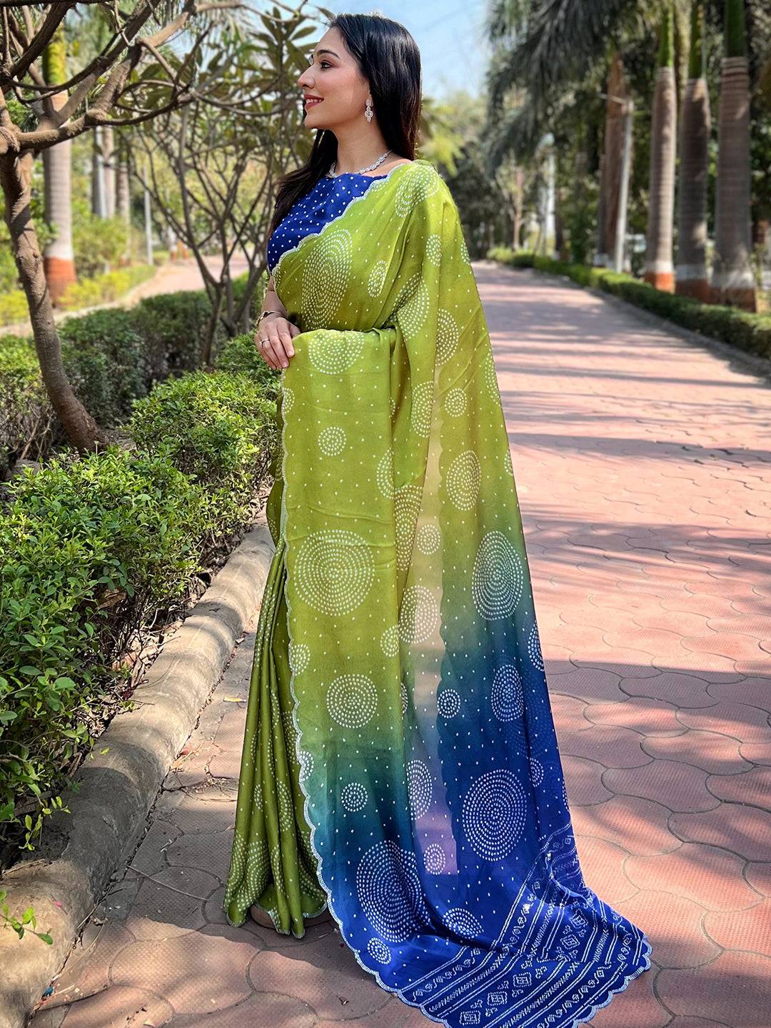 Georgette Silk Saree with Ombre Bandhej Print & Stone Work