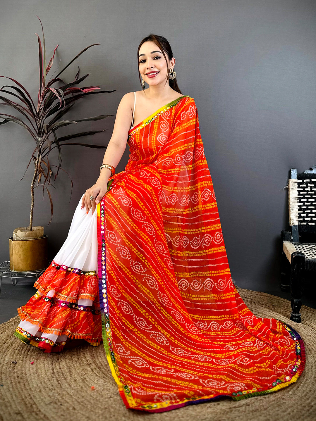 Stylish Bandhej Print Ruffle Georgette Saree