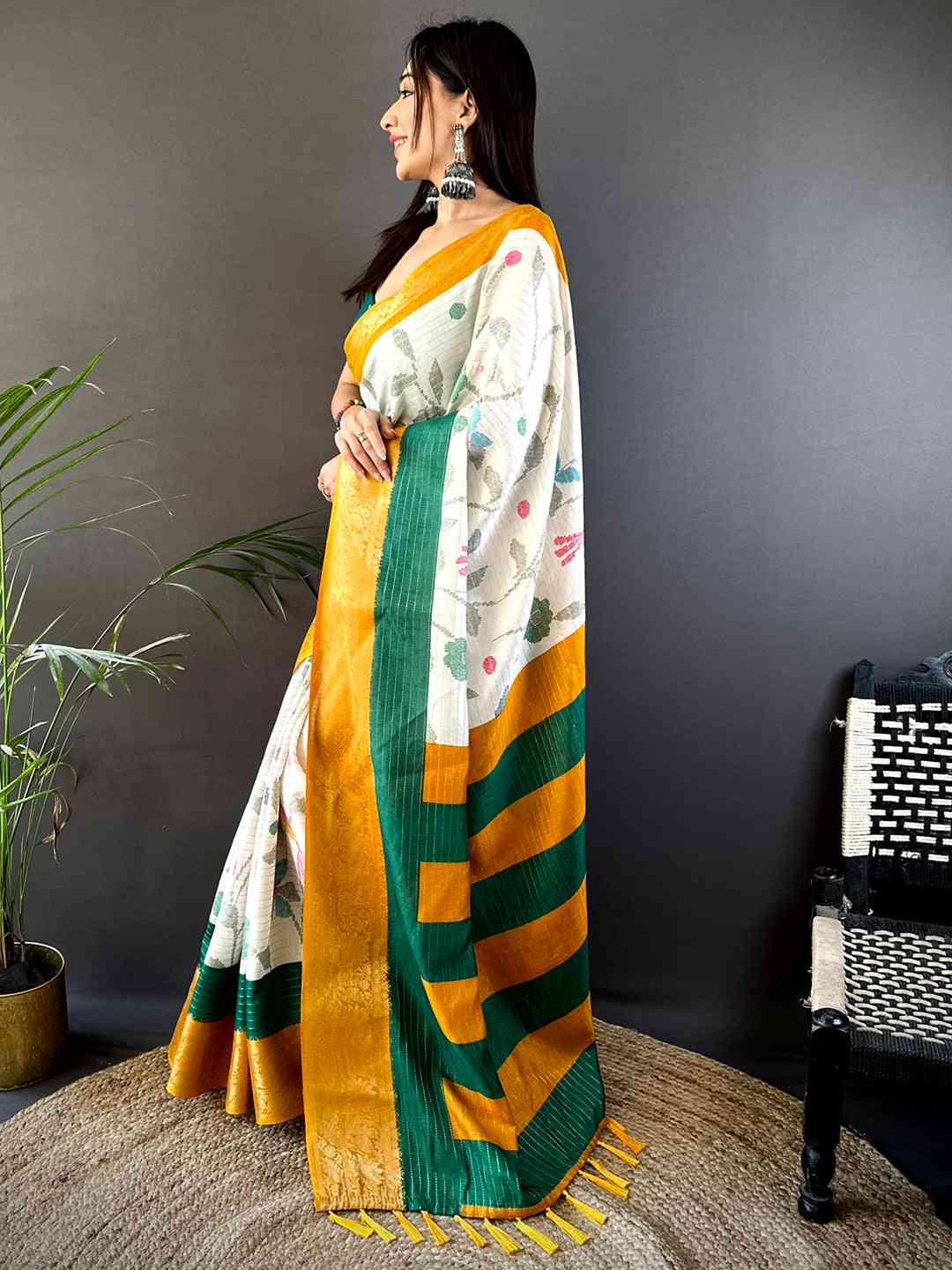 Mustard Dola Silk Bird Print Saree