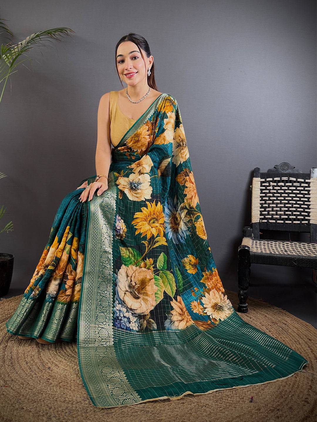 Deep Teal Floral Digital Print Saree