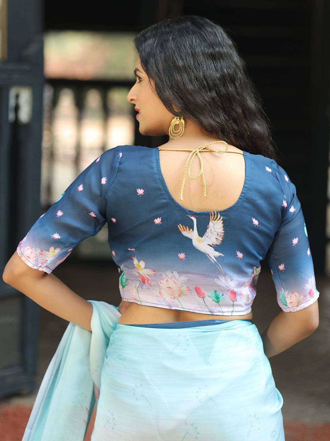 Beautiful Satin Georgette Aqua Colour Hand Print Saree