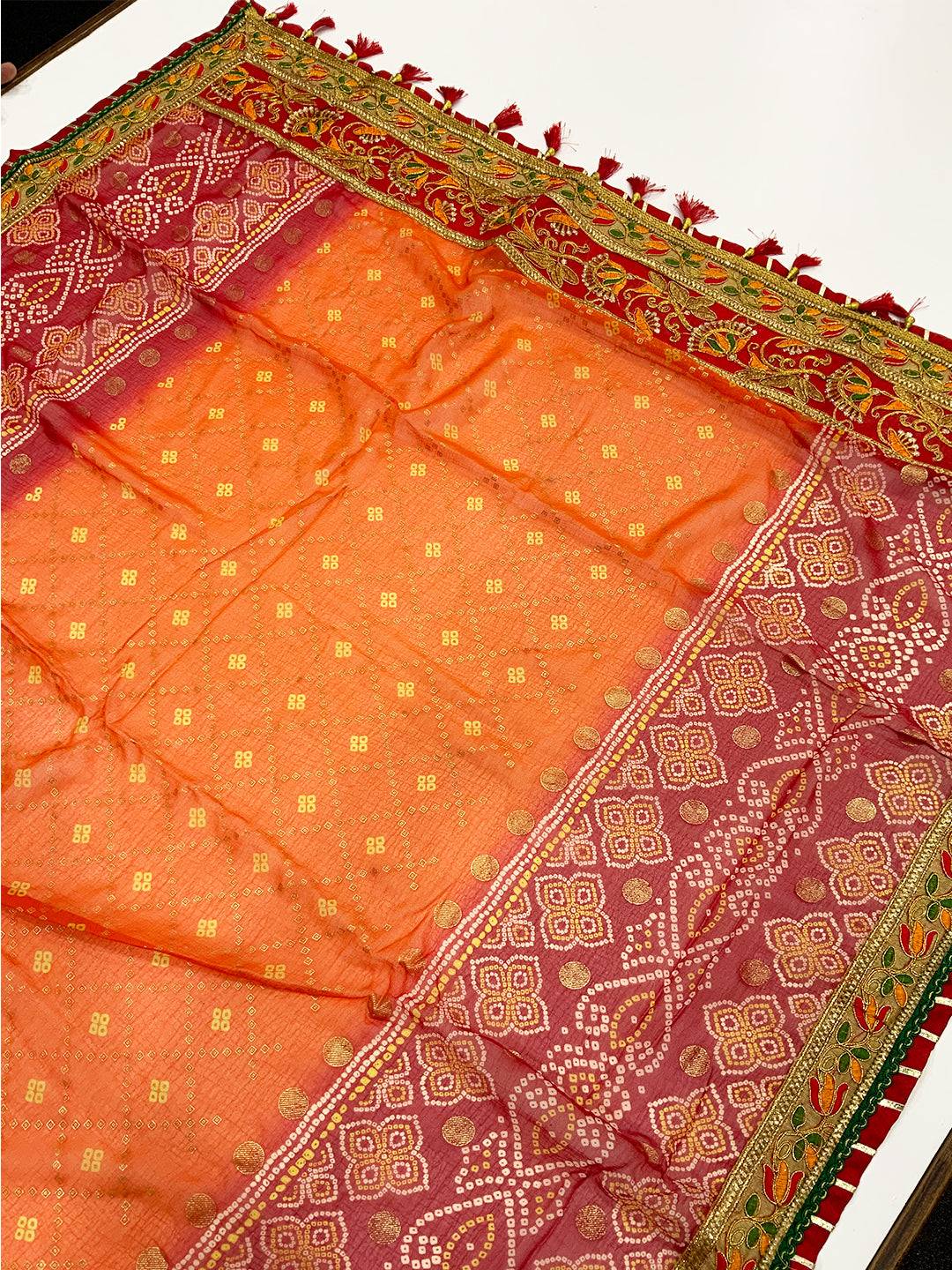 Beautiful Chiffon Foil Work Bandhani Saree