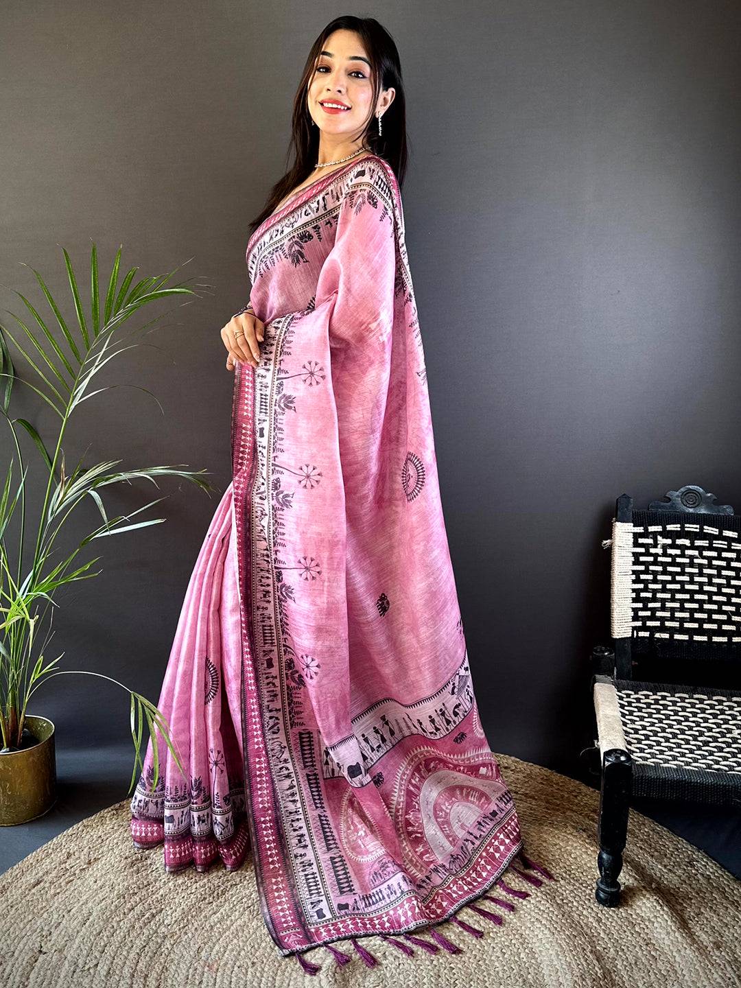Blush Pink Warli Print Tissue Chanderi Saree