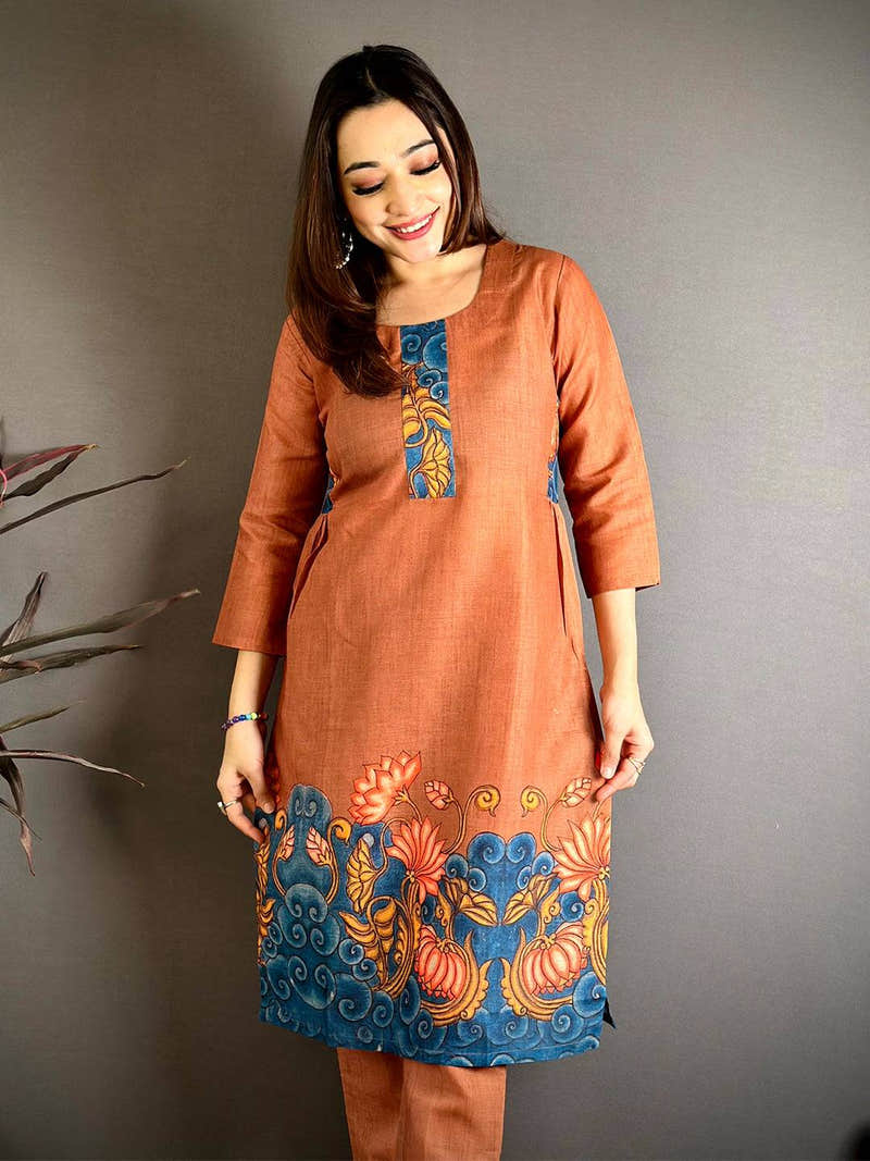 Rust Brown Mul Cotton Kalamkari Kurti with Blue Hem Motif