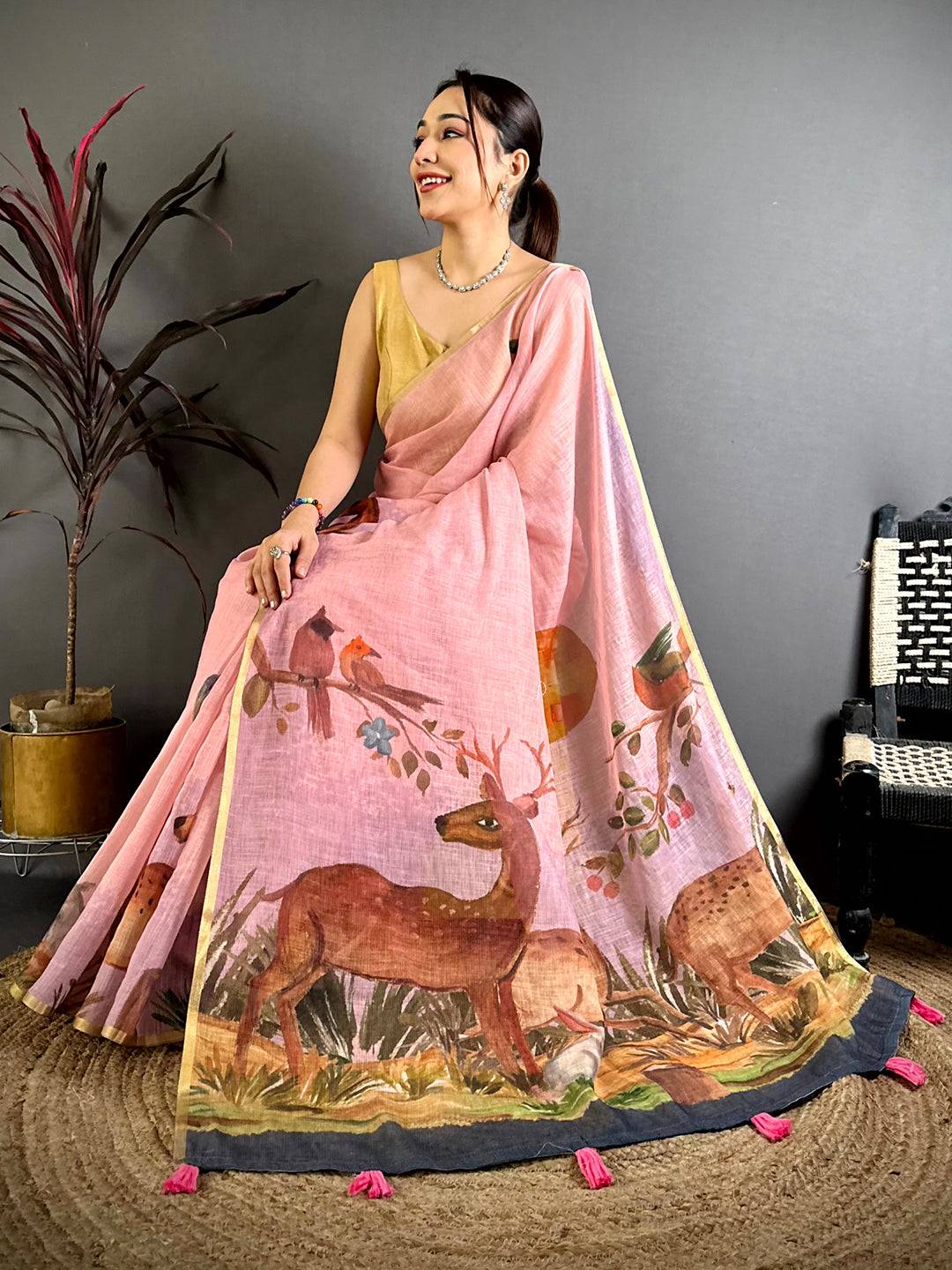 Blush Pink Animal Print Linen Chanderi Saree