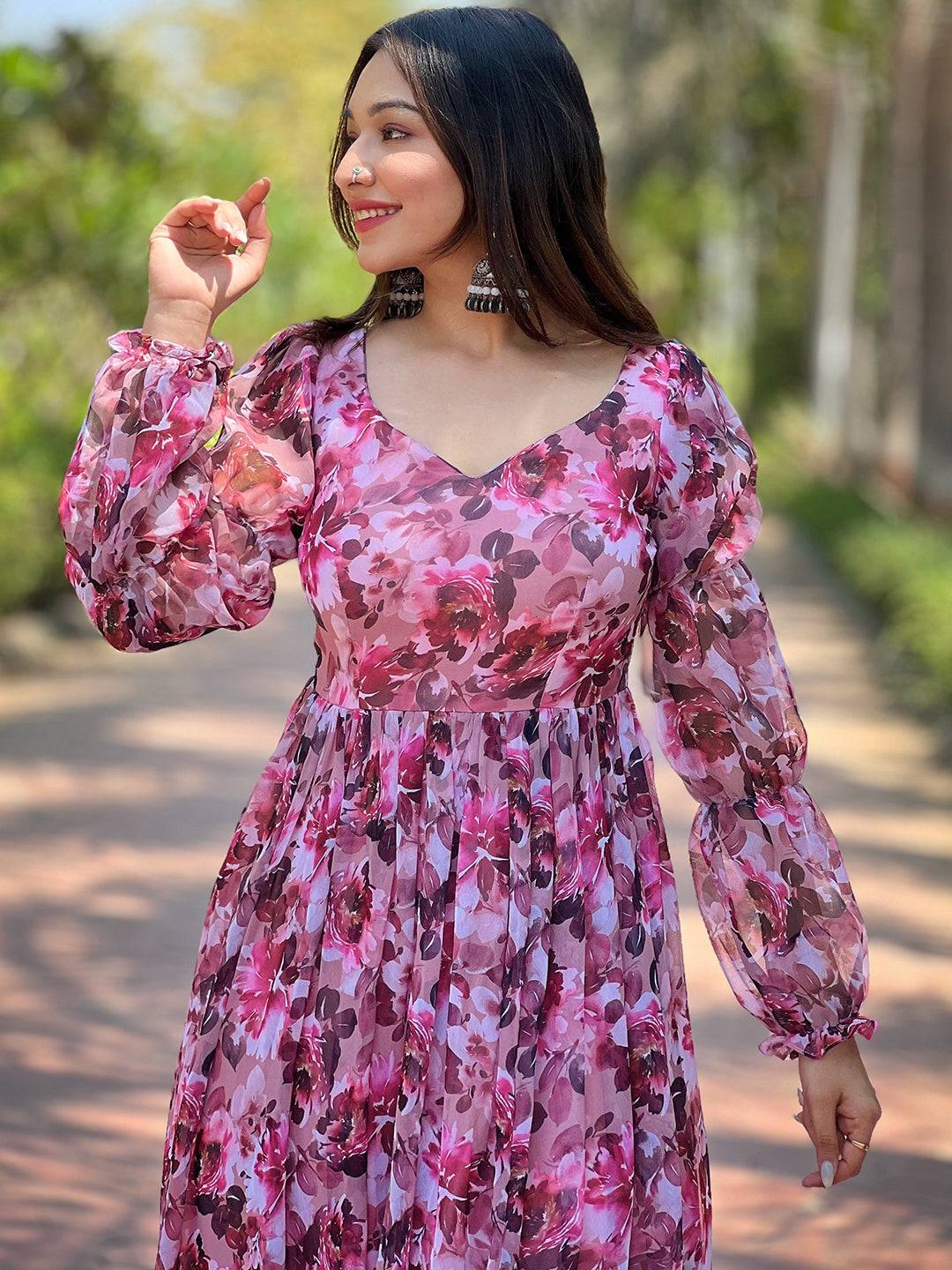Close-up of Wine Floral Bundl Print Dress with puff sleeves