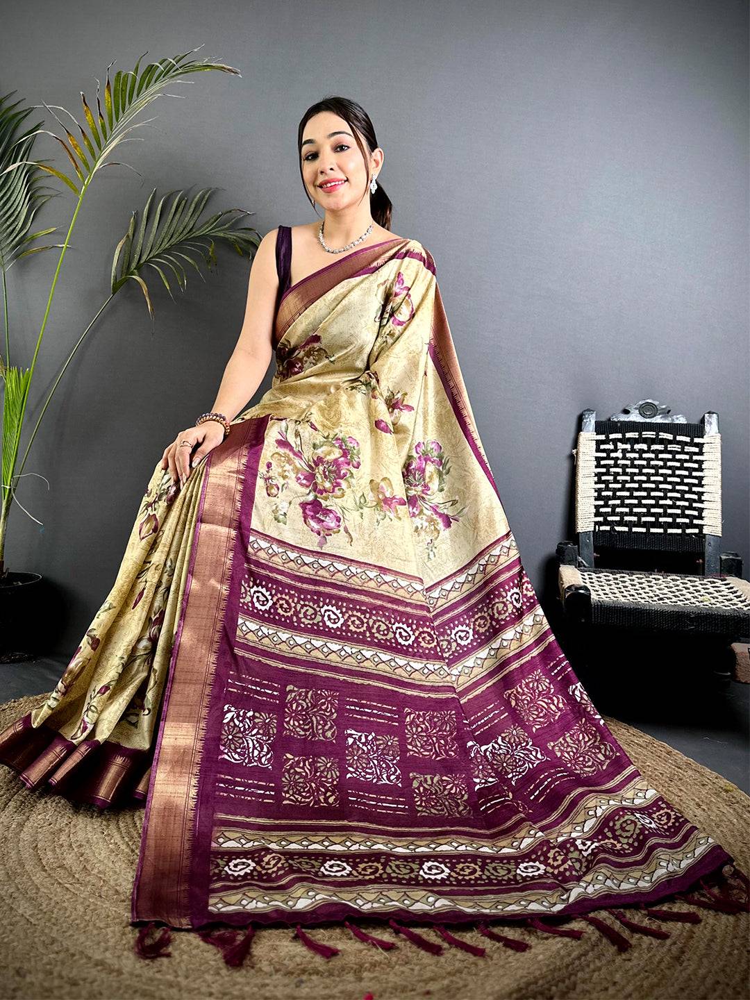 Heritage Cream Floral Dola Silk Saree