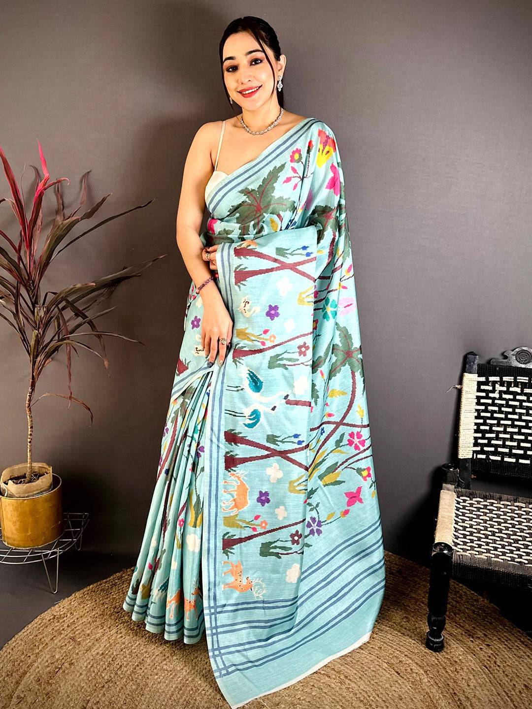 Royal Aqua Blue Ikkat Soft Tussar Saree