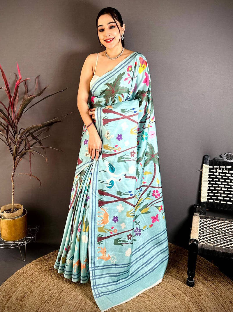 Royal Aqua Blue Ikkat Soft Tussar Saree