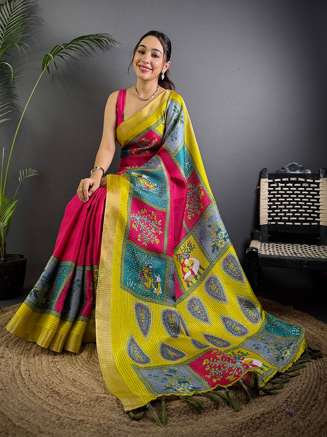 Magenta Tussar Kalalmkari Print Saree