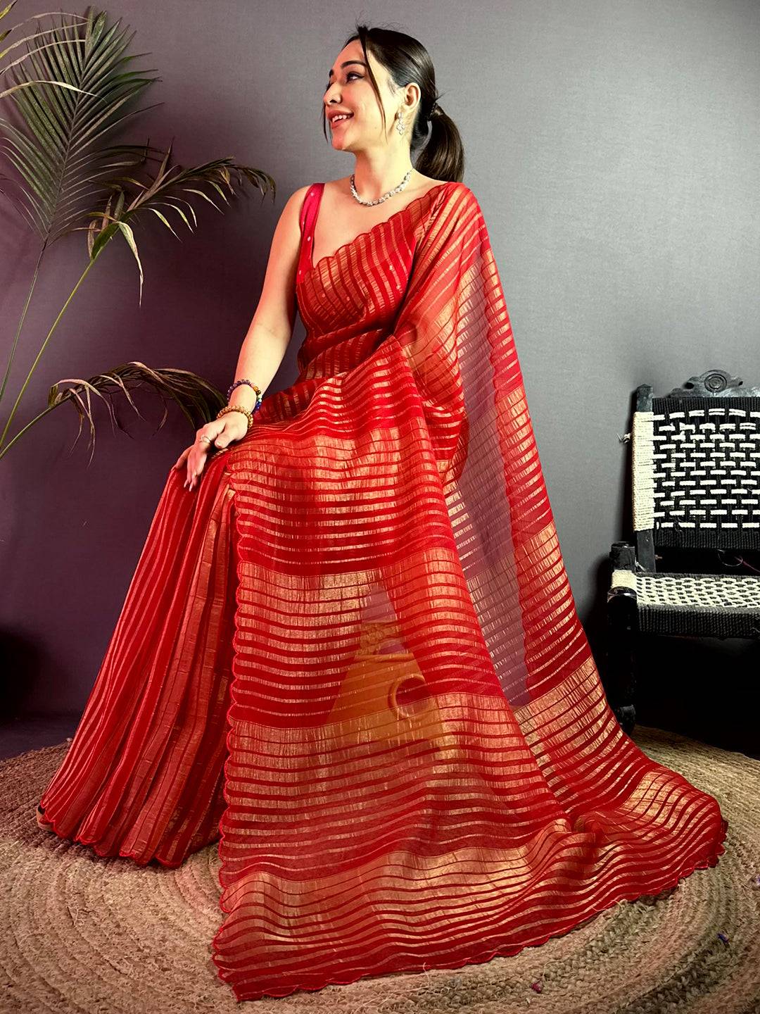 Ethereal Gold Zari Striped Chiffon Saree