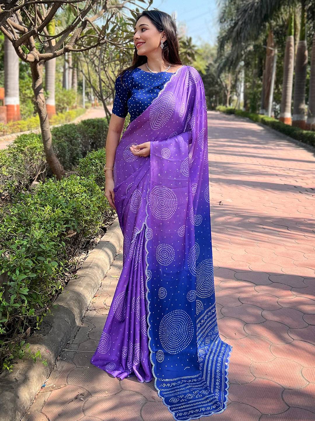 Georgette Silk Saree with Ombre Bandhej Print & Stone Work