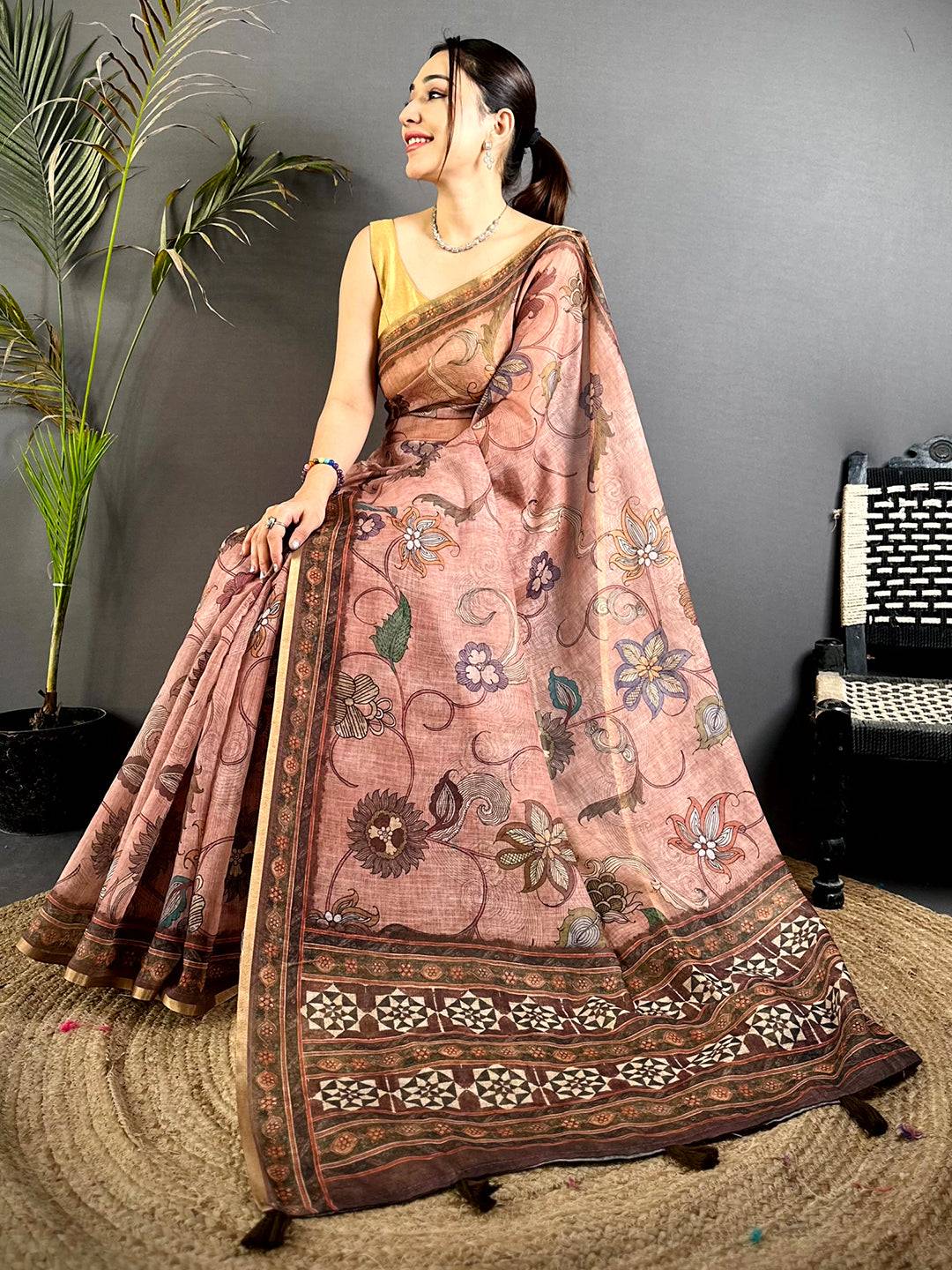 Royal Linen Tissue Ajrak Zari Saree