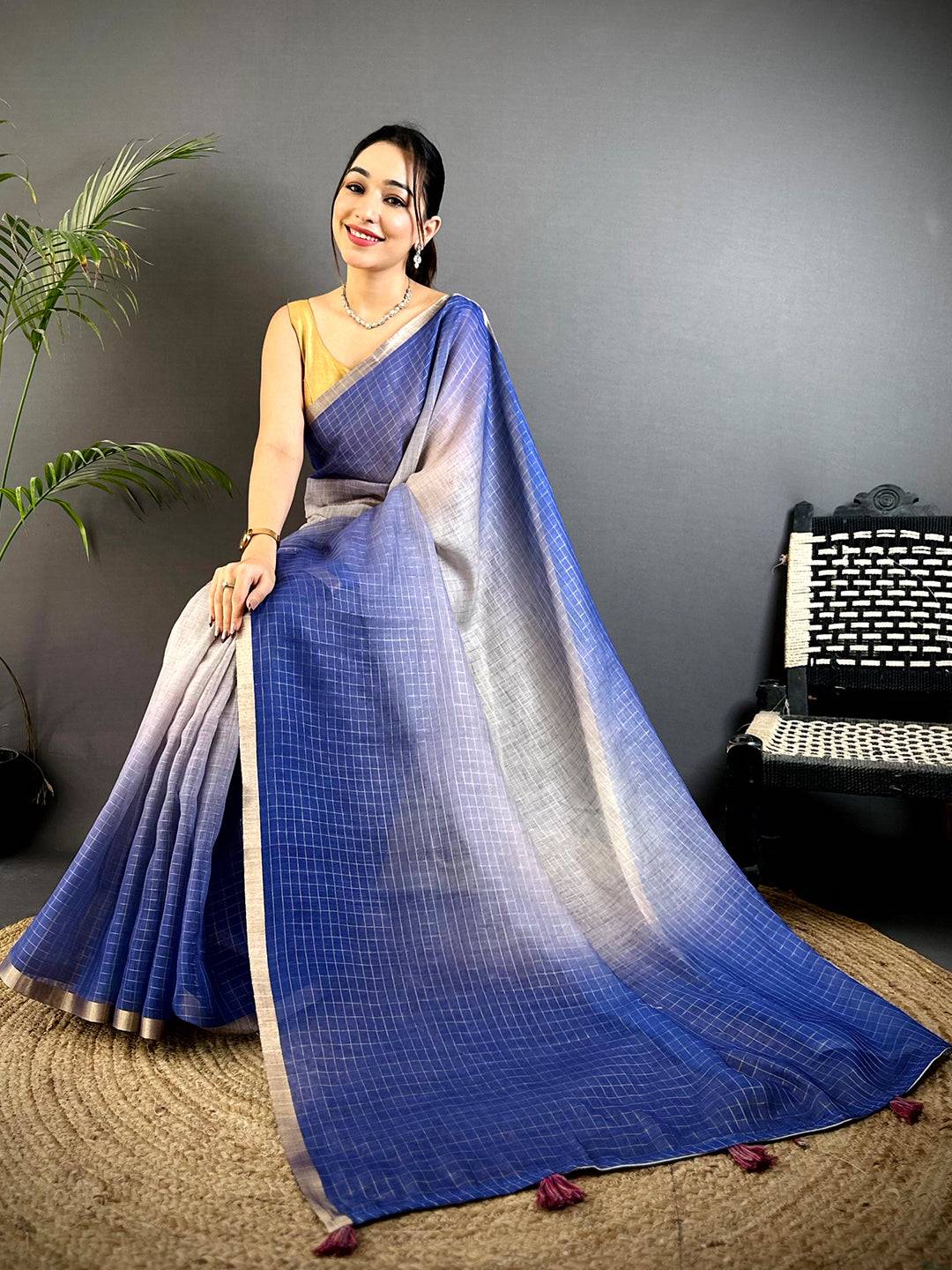 Opulent Self Chex Linen Zari Saree