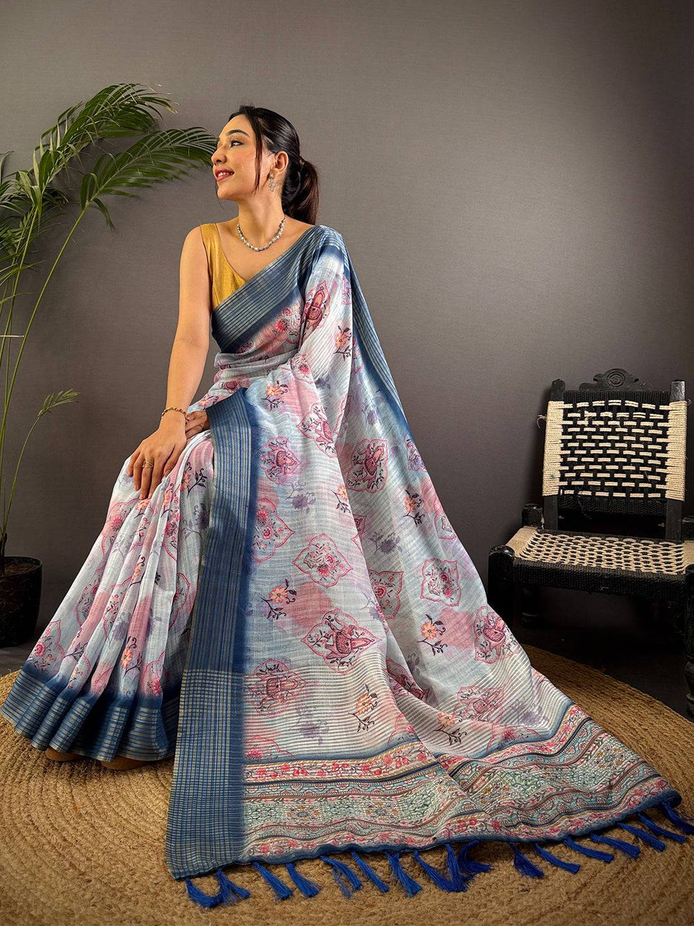 Pastel Blue Linen Digital Printed Saree