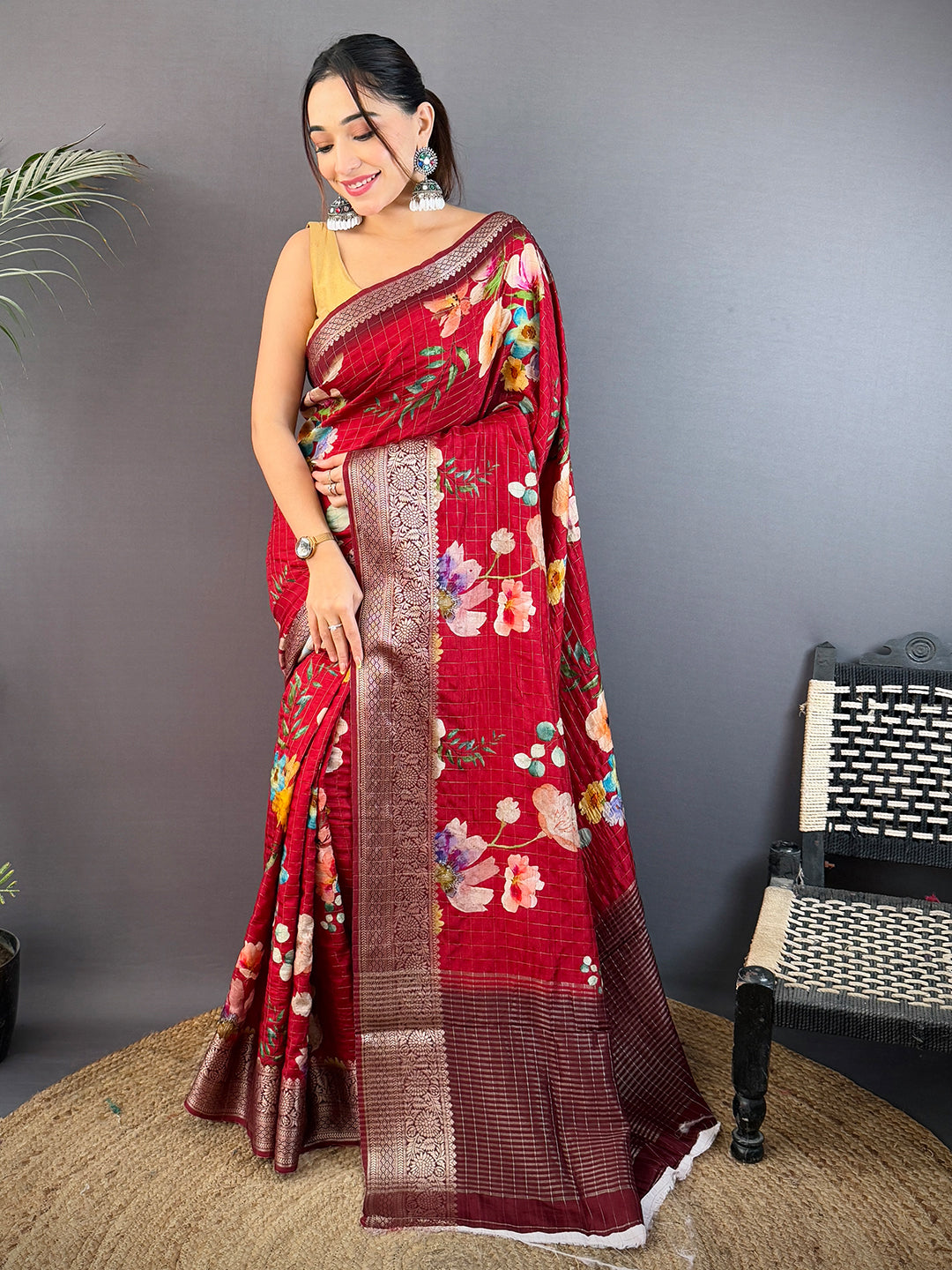 Wine Floral Kalamkari Viscose Saree