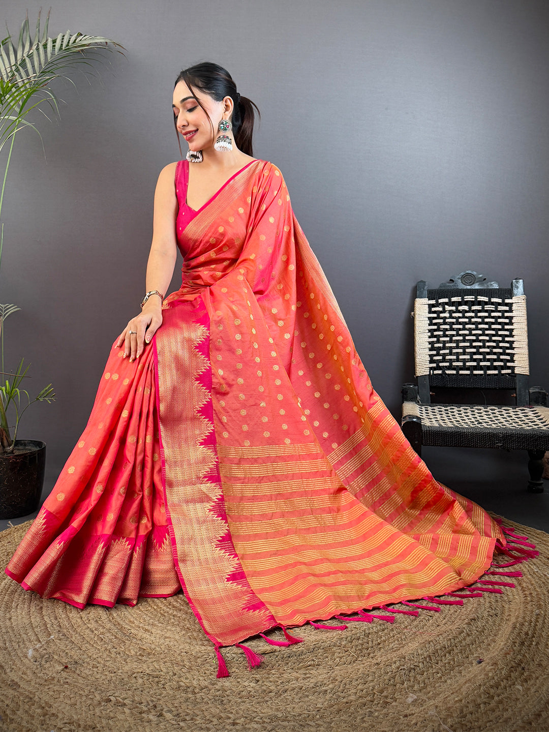 Orange Hand Dyed Raw Silk Saree