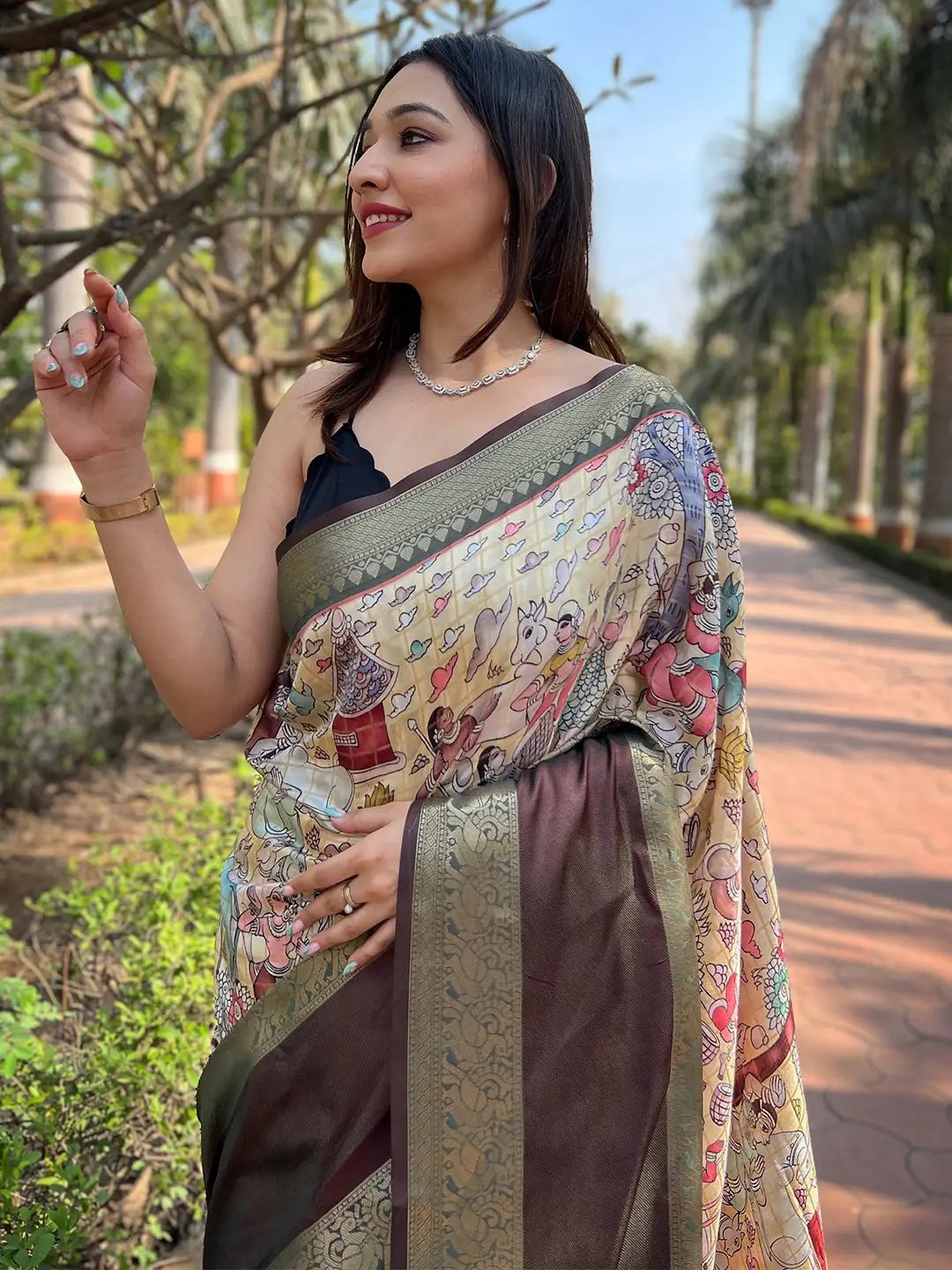 Close-up of light green Banarasi saree with detailed chex weaving