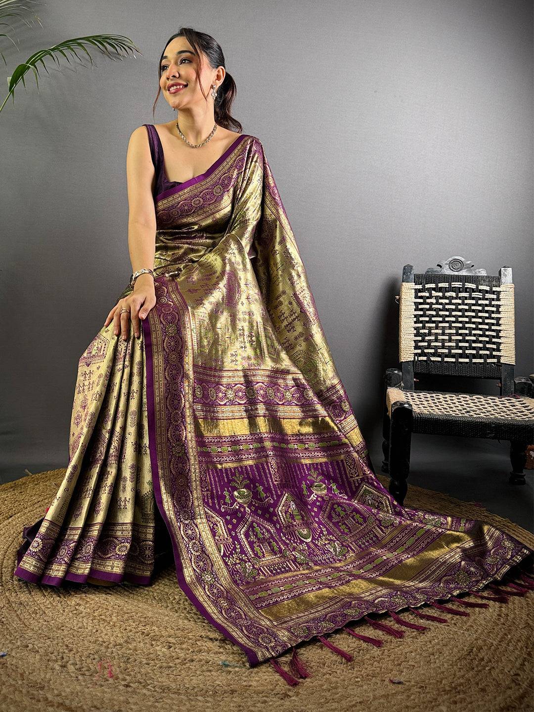Artistry Warli Gold Zari Dharamavaram Silk Saree