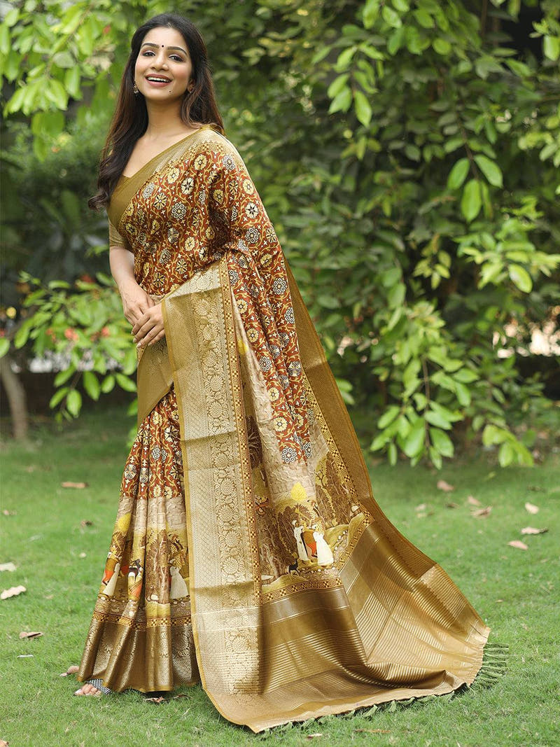 Brown Ajrak Block & Hand Kalamkari Print Pure Viscose Saree