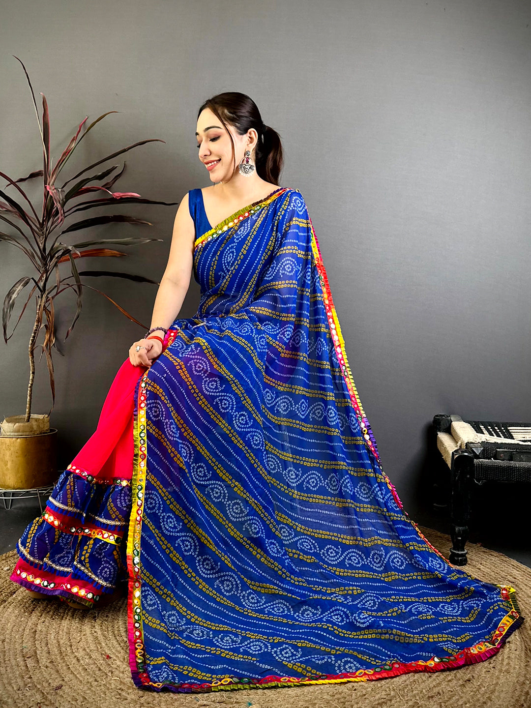 Elegant Bandhej Print Ruffle Georgette Saree