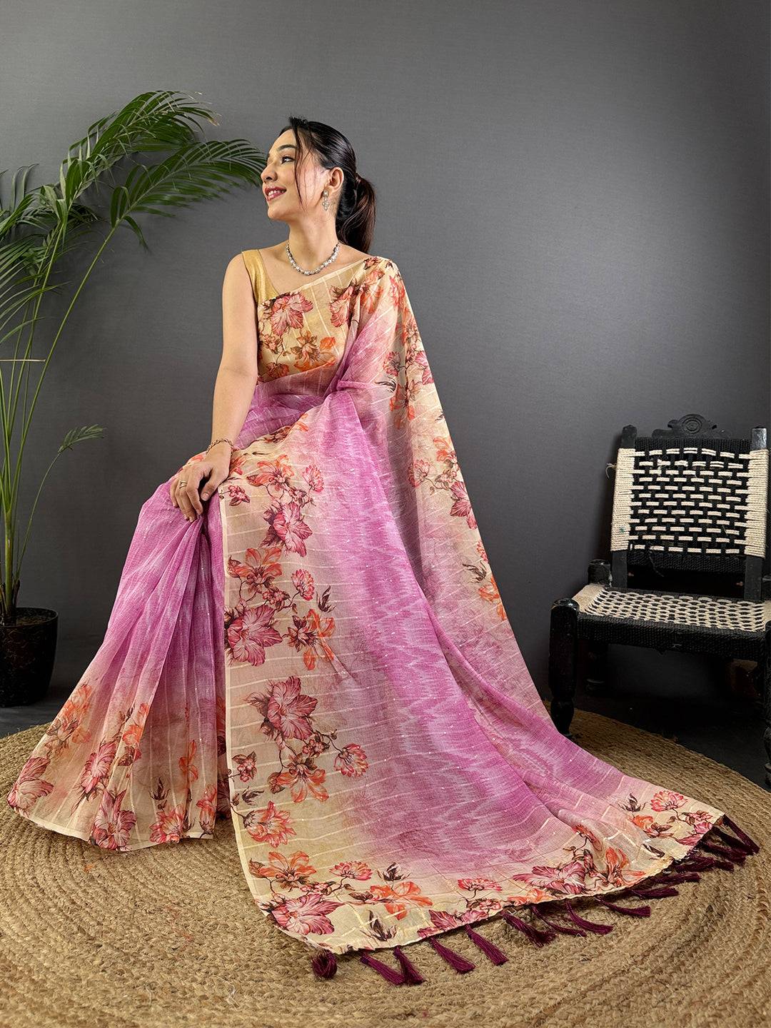 Rose Pink Soft Organza Digital Floral Saree