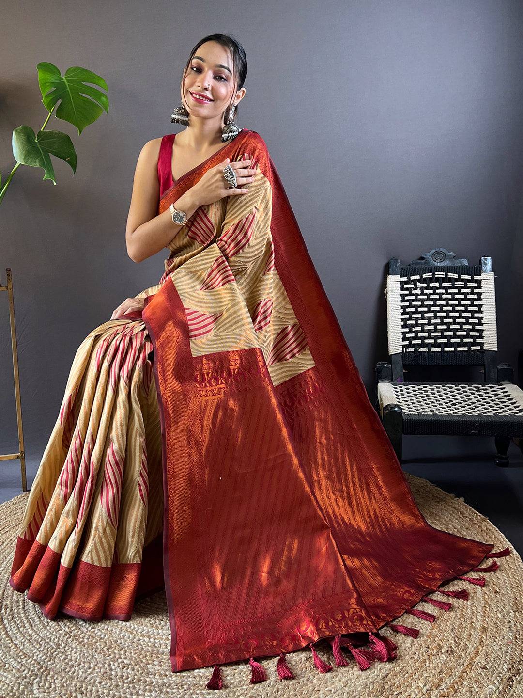 Stylish Tan Brown Silk Saree with Red Border