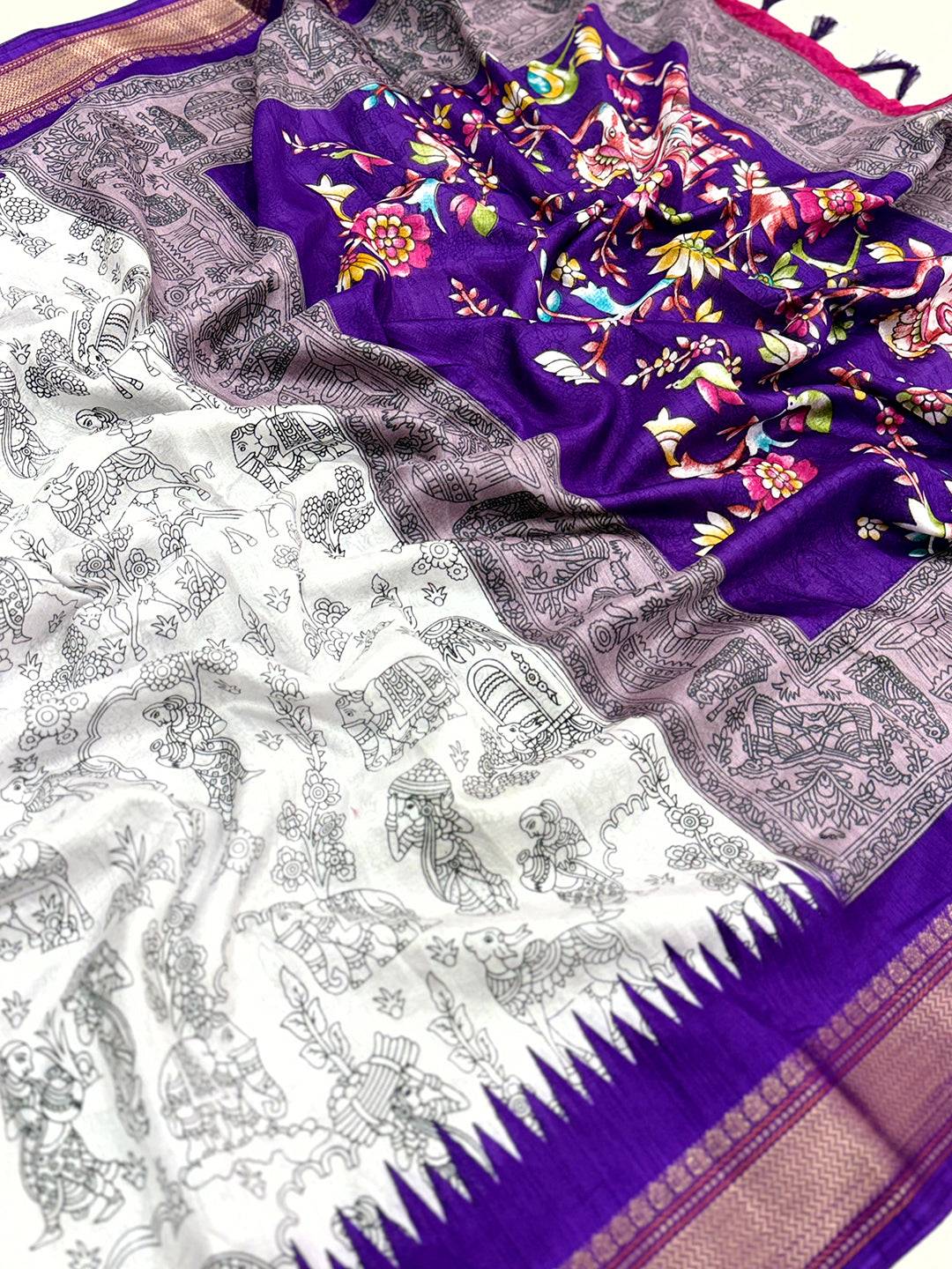 Graceful Pen Kalamkari Dola Silk Saree