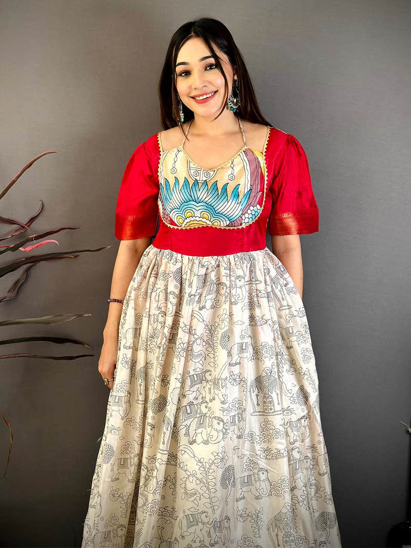 Red Kota Doriya Dress with Painted Yoke and Gold Lace Trim