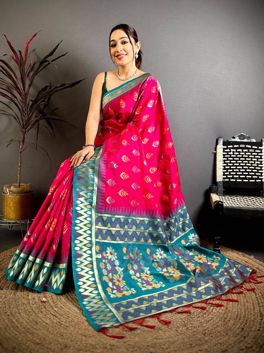 Rani Ikkat Minakari Soft Silk Saree